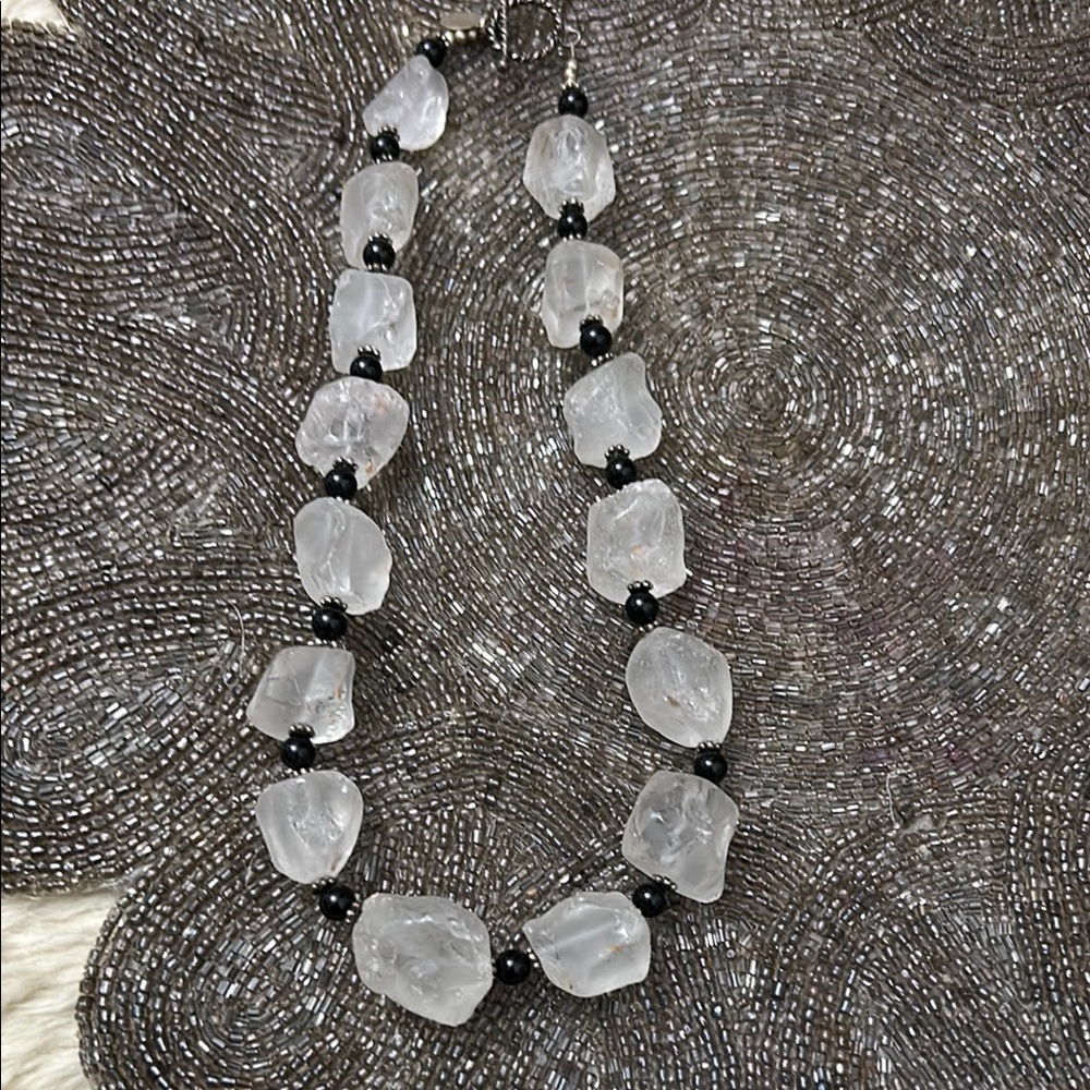 Elegant Black and Clear Quartz Beaded Necklace 925 silver black Onyx